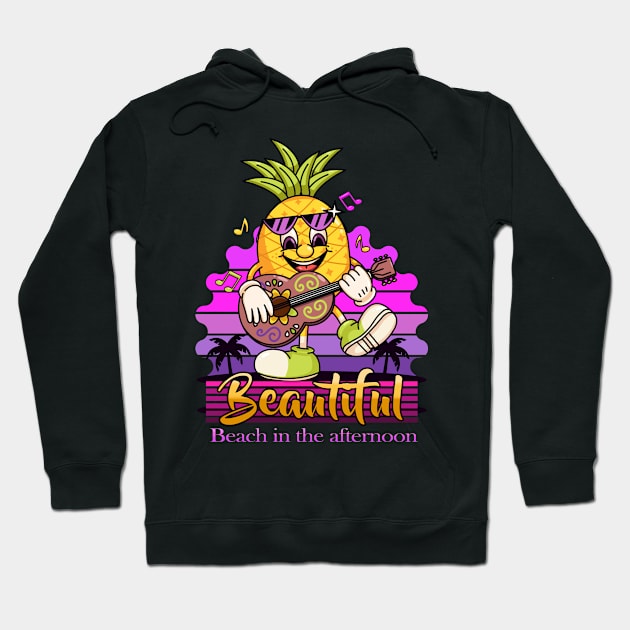 Beautiful beach in the afternoon, Cartoon character pineapple playing guitar on the beach Hoodie by Vyndesign